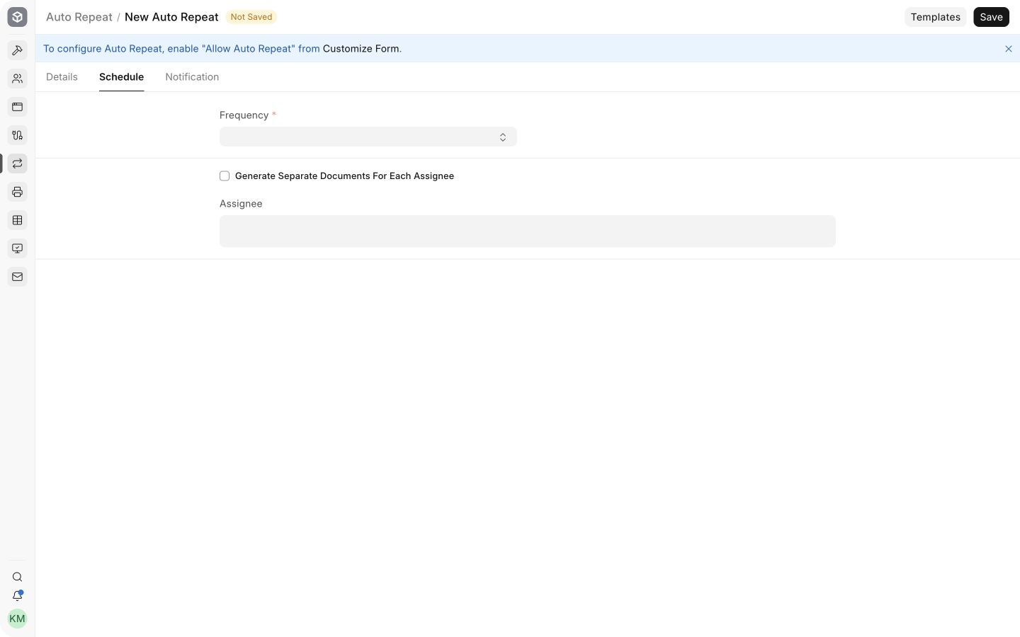 Auto Repeat Schedule tab with frequency and assignee controls