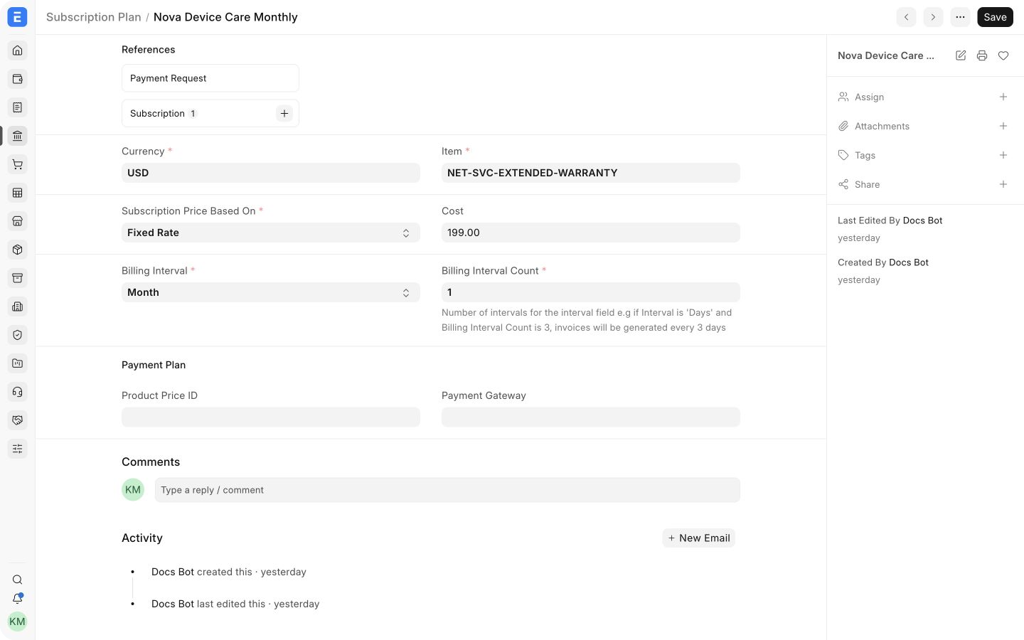 Subscription Plan for a monthly warranty service
