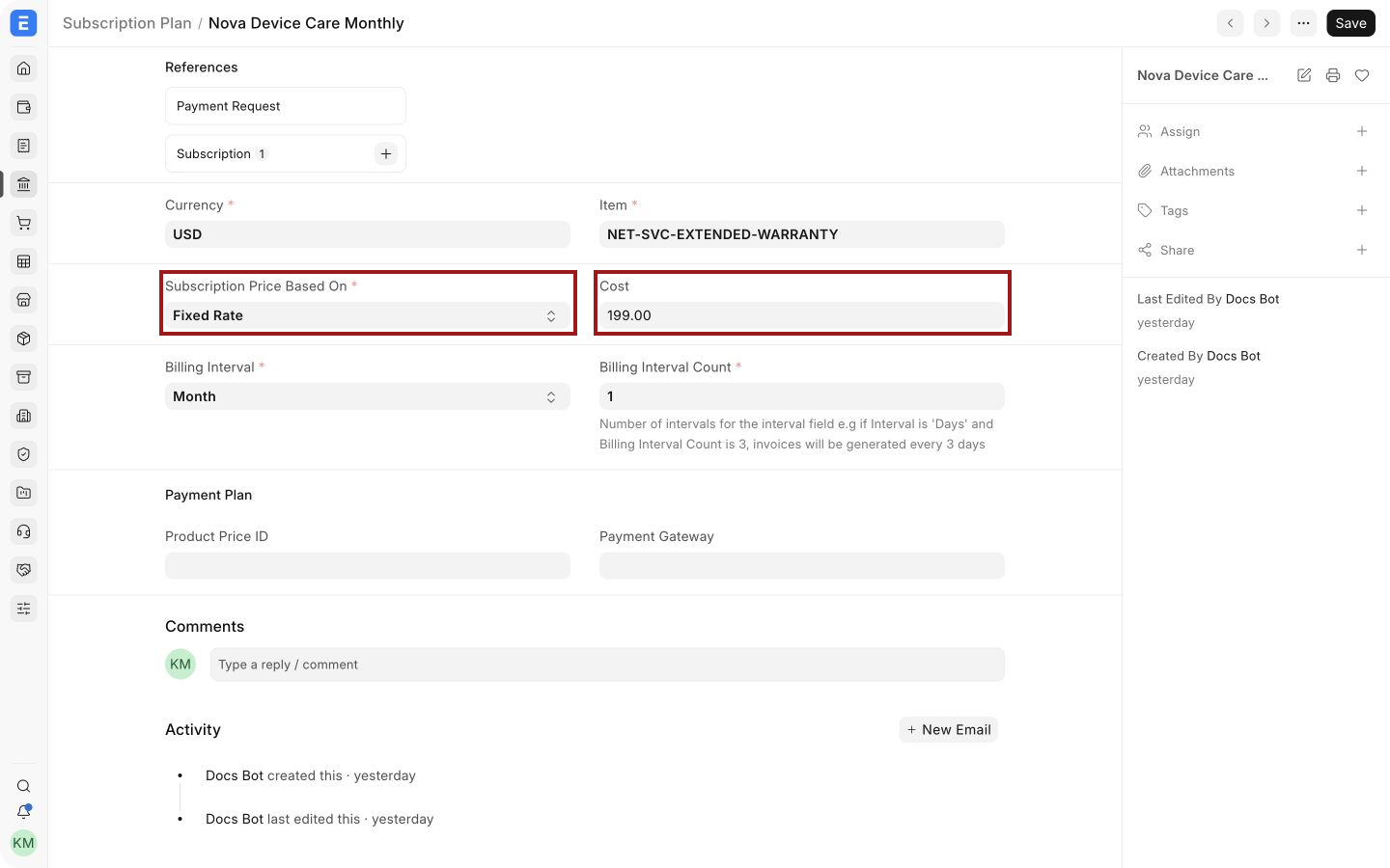 Subscription pricing method and cost fields