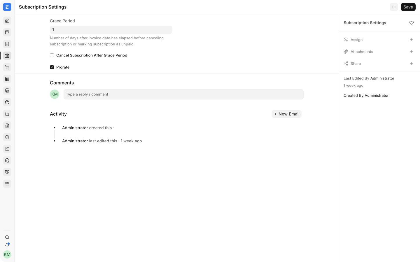 Subscription Settings with grace-period, cancellation, and prorating controls