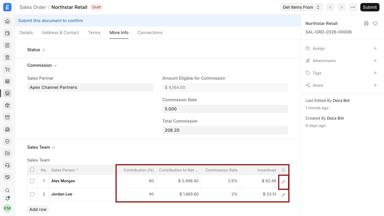 Sales Team contribution, commission rate, and incentives on a Sales Order