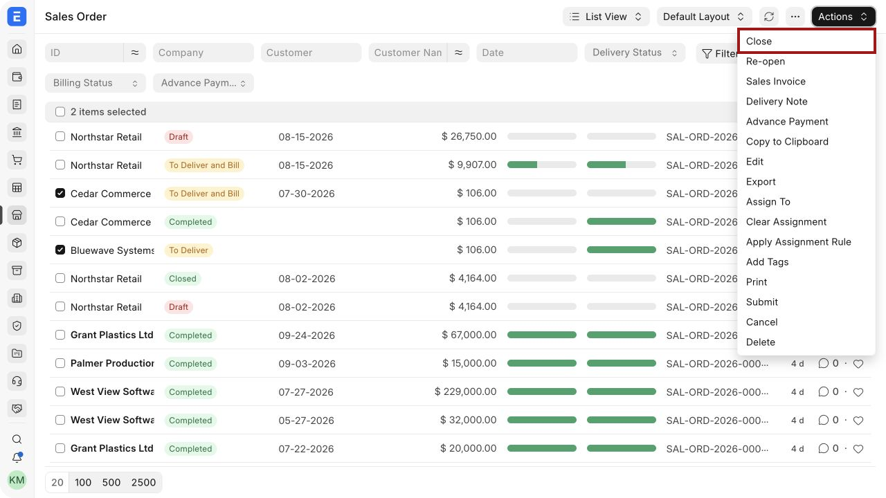 Select Sales Orders and use Actions to close them