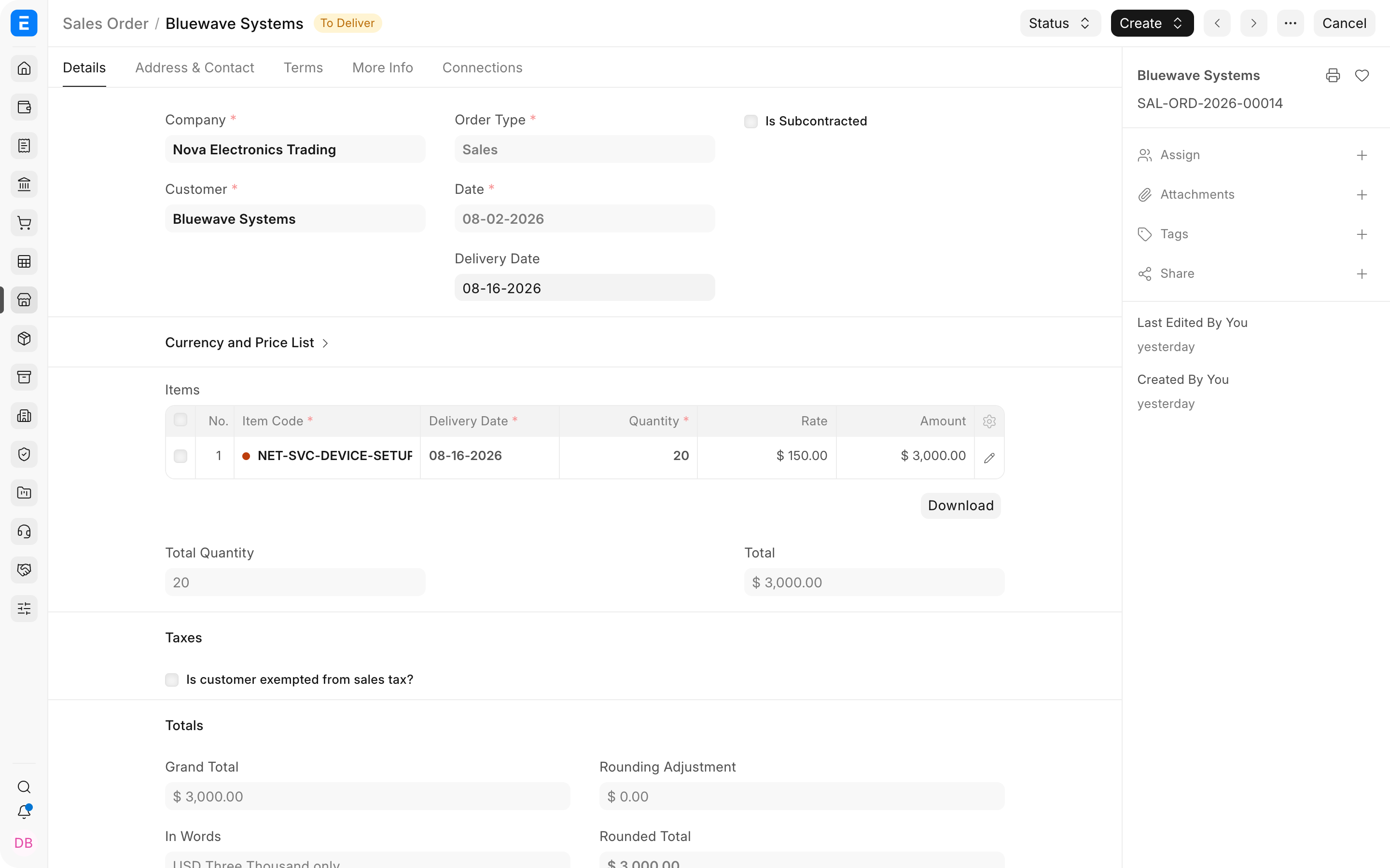 Submitted Sales Order for device setup services