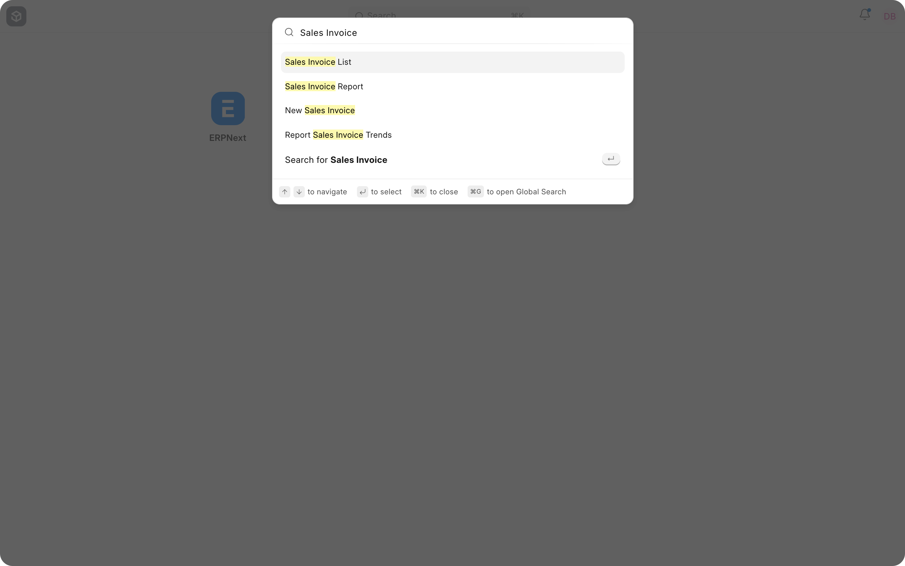ERPNext Awesomebar showing list, report, and new-document results for Sales Invoice