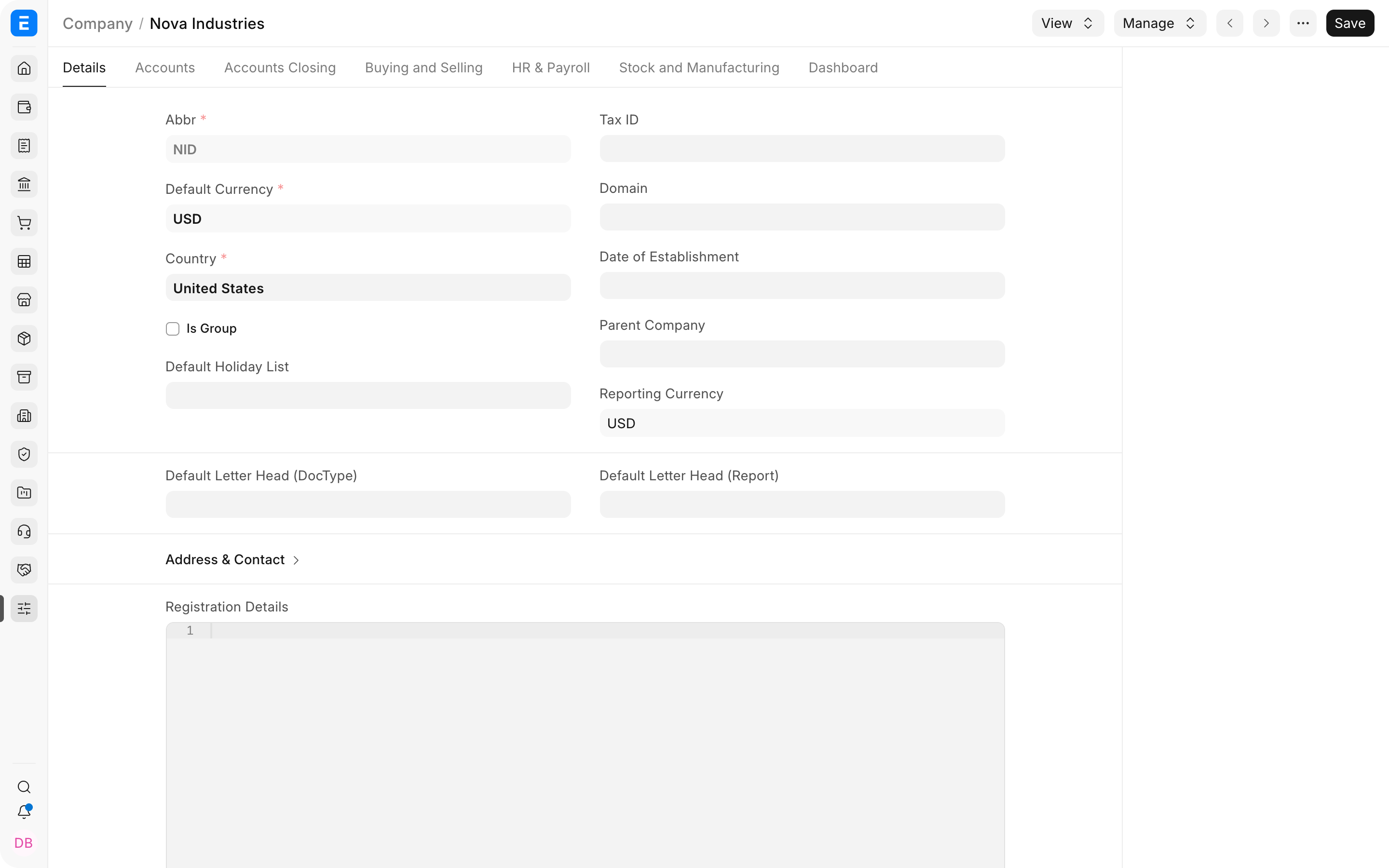 Nova Industries Company form showing identity, currency, country, and parent-company fields