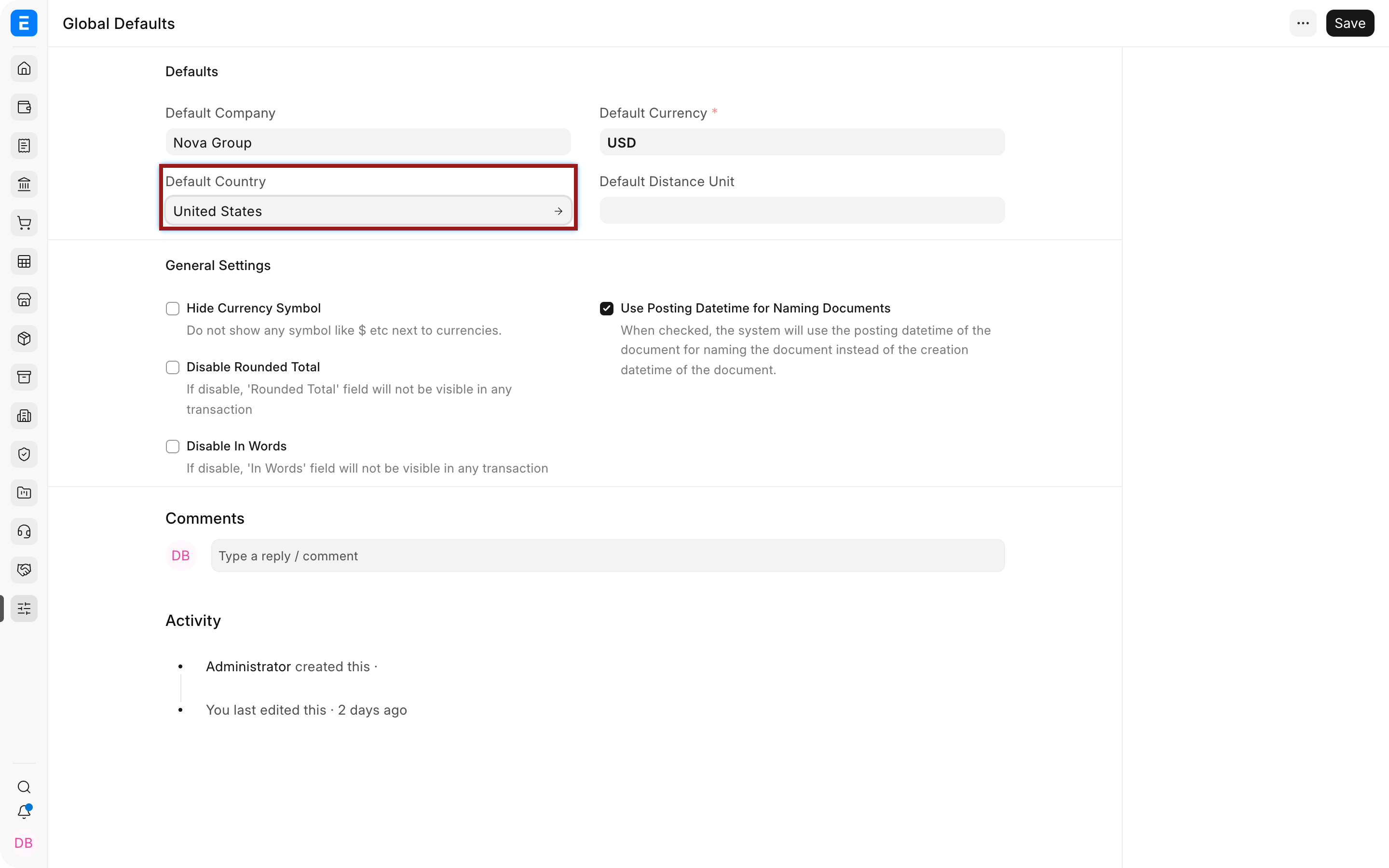 Default Country in ERPNext Global Defaults