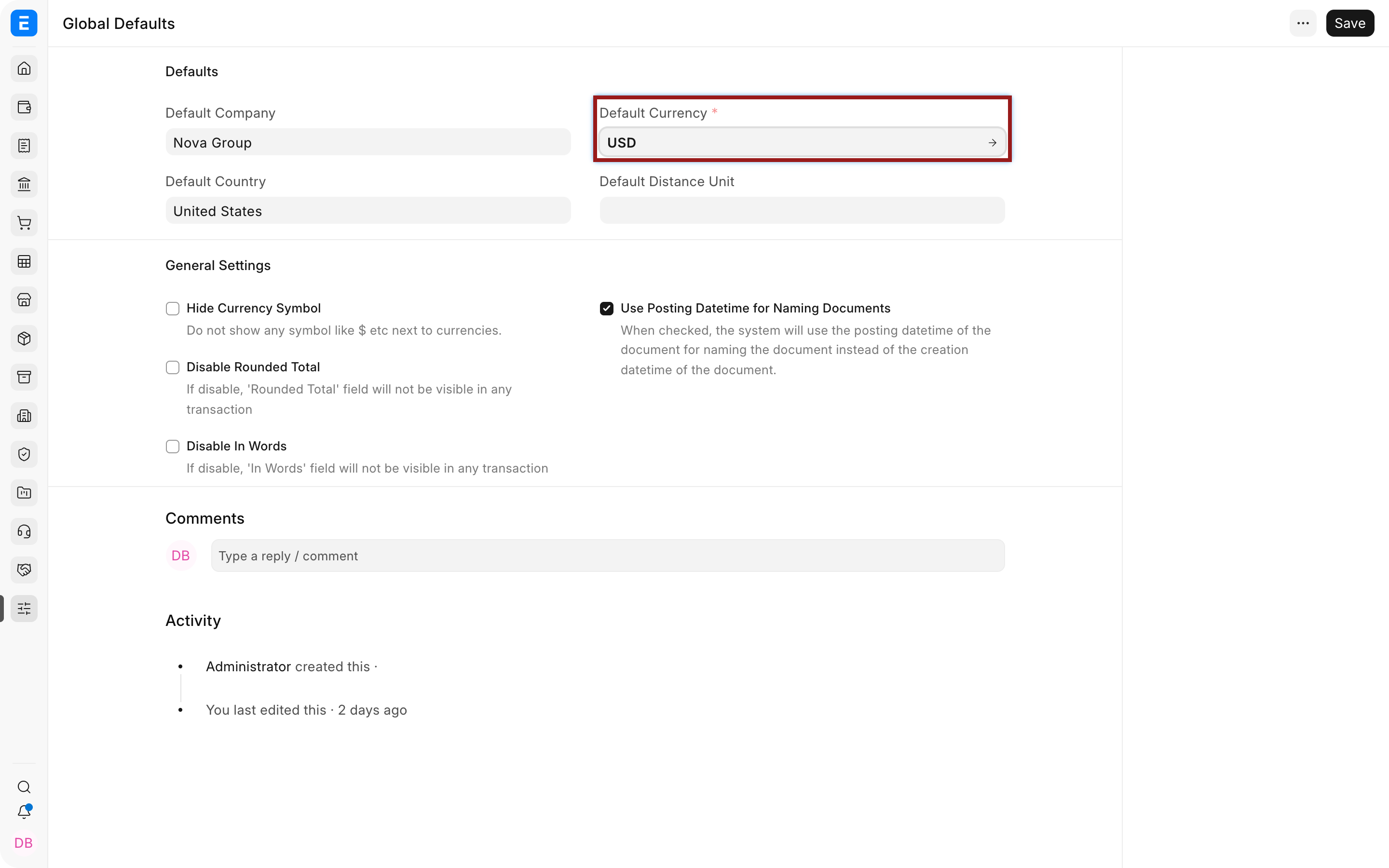 Default Currency in ERPNext Global Defaults