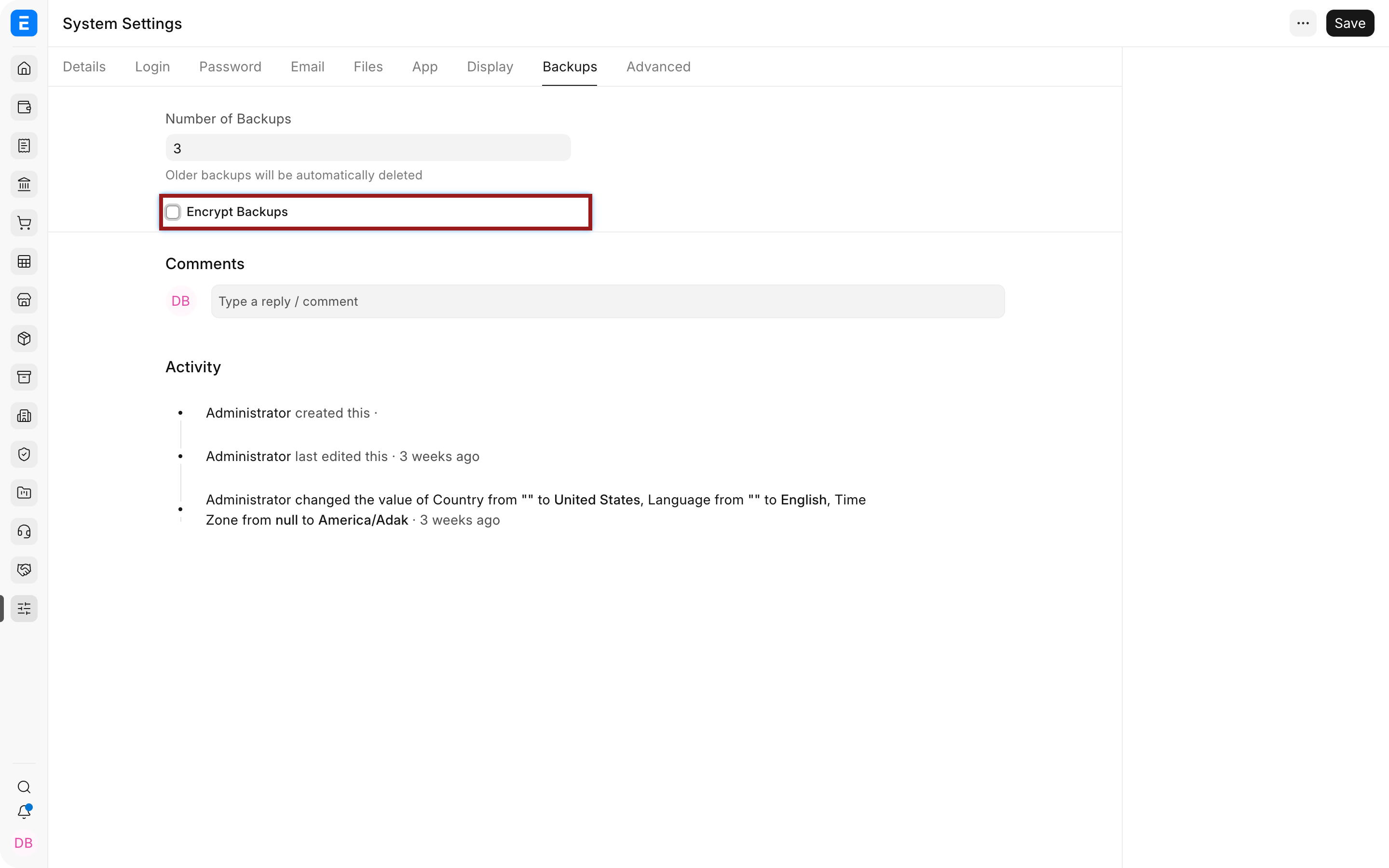 Backup retention and encryption controls in ERPNext System Settings