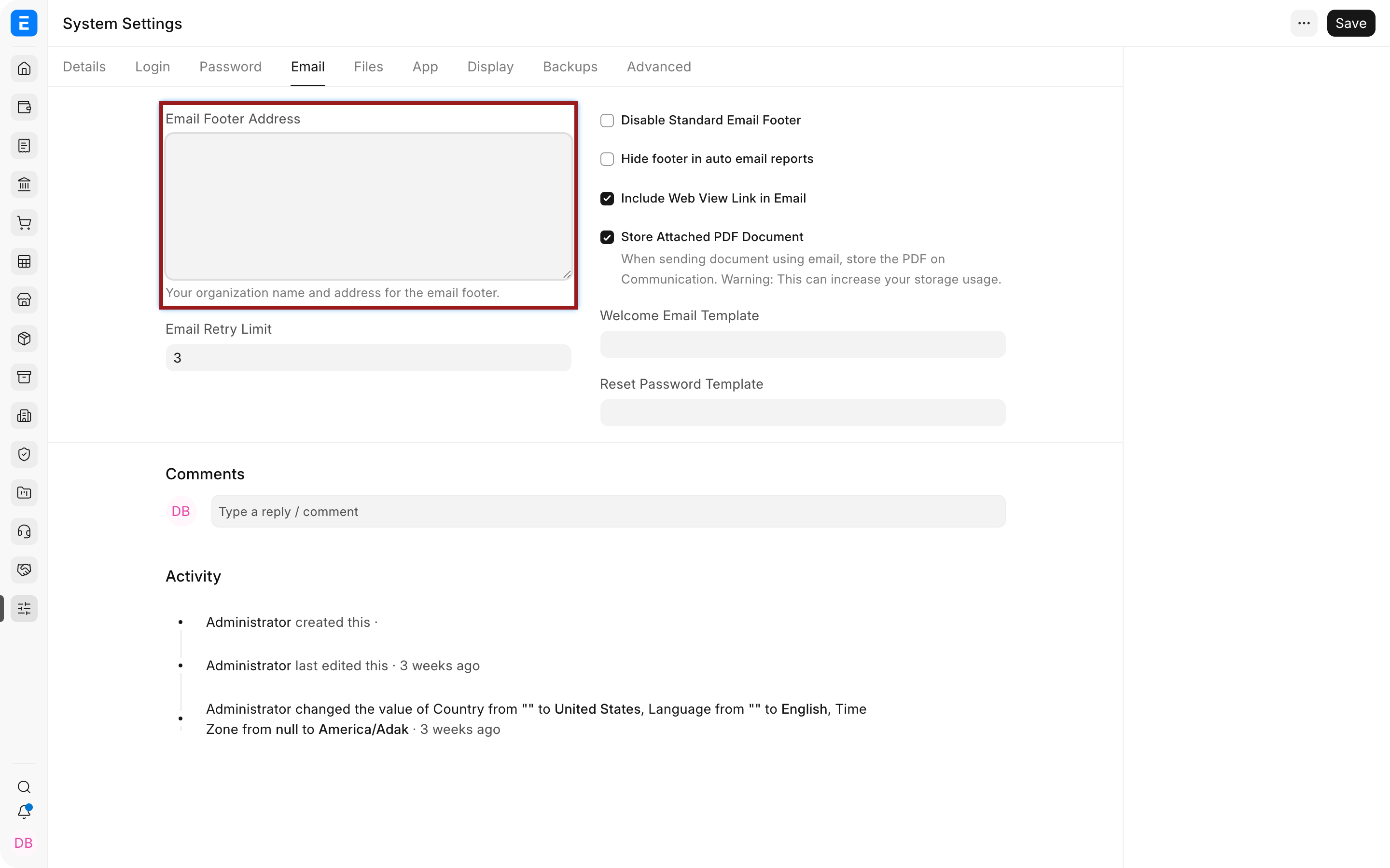 Email footer and delivery controls in ERPNext System Settings