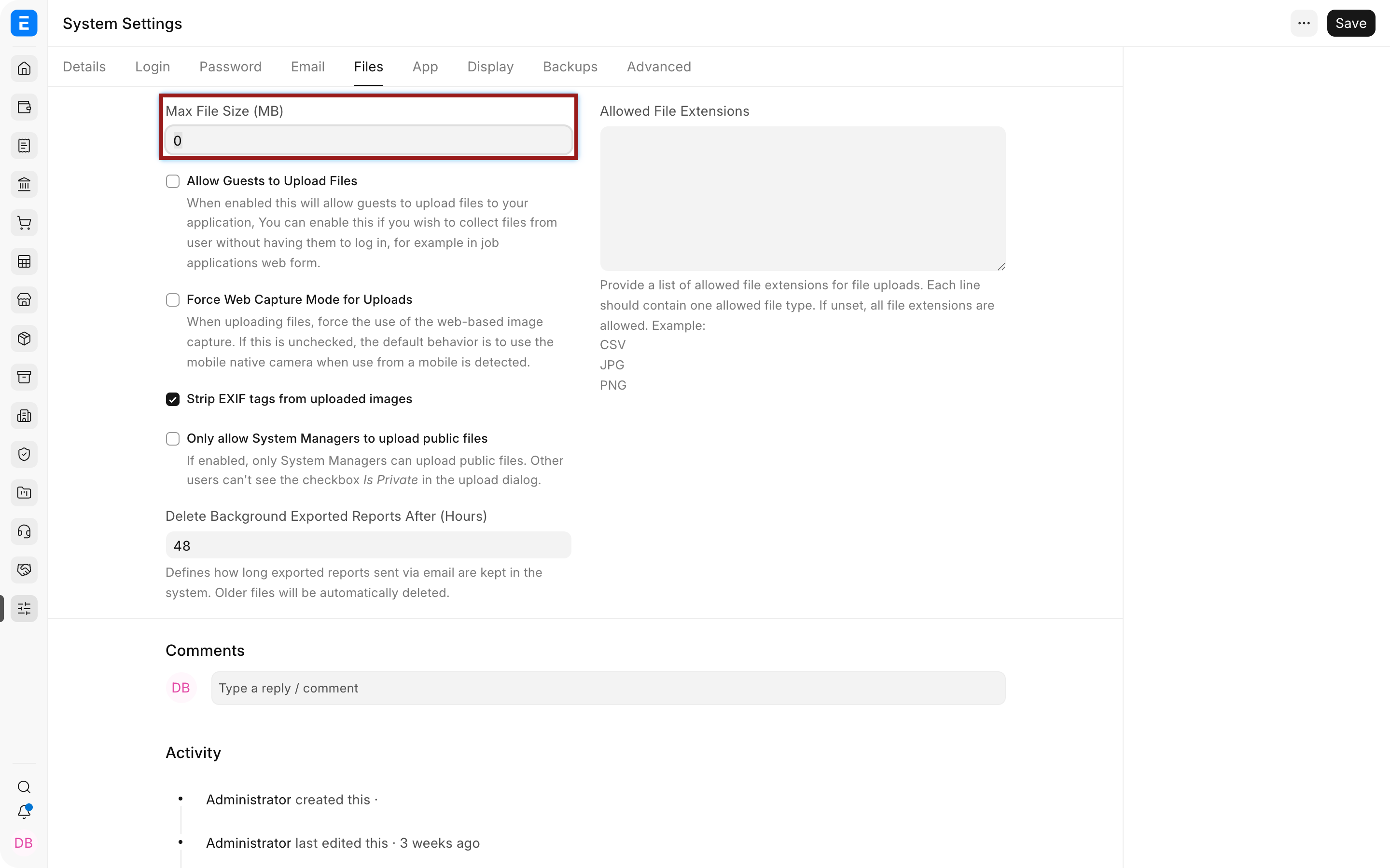 File upload controls in ERPNext System Settings