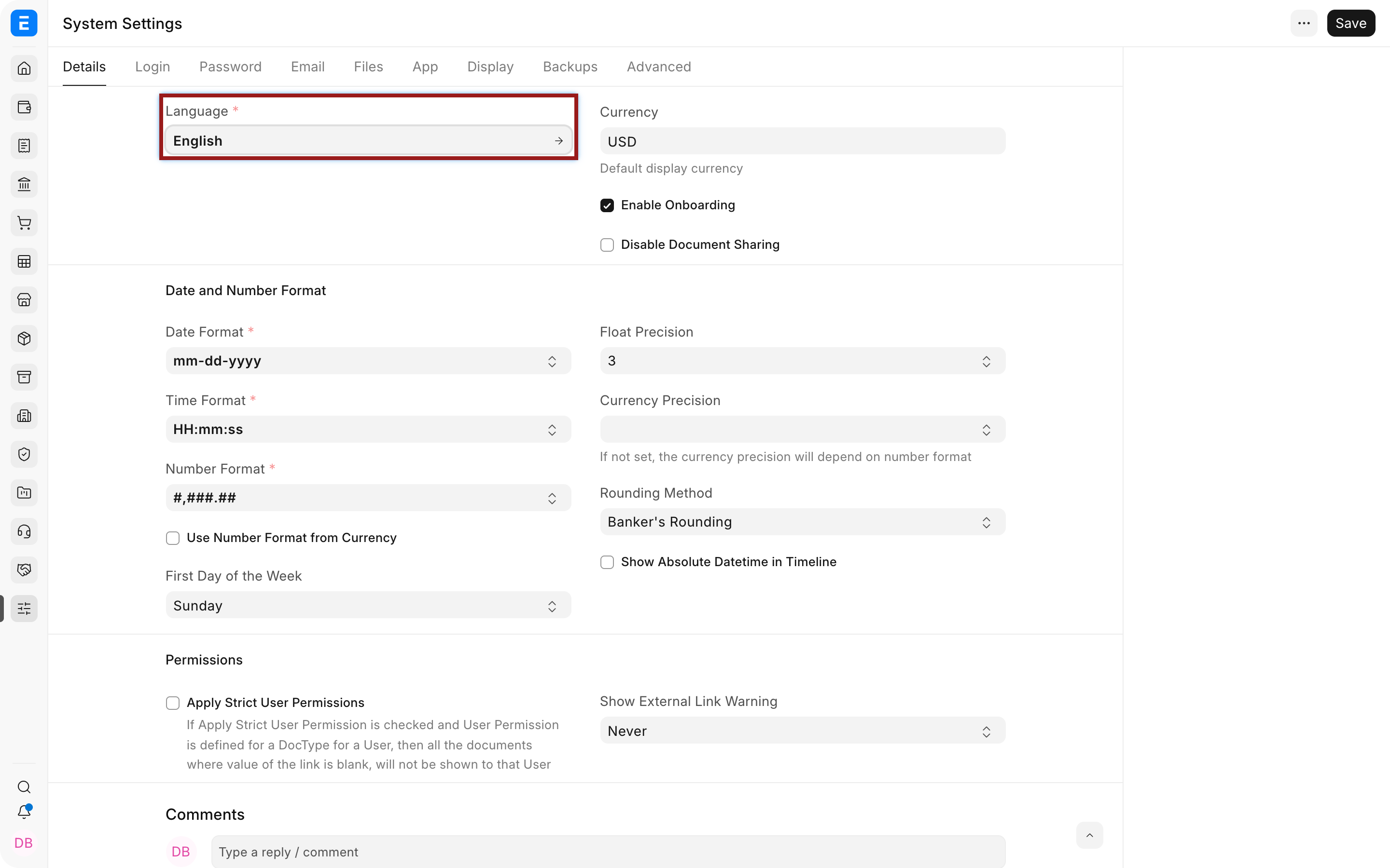 General localisation and language fields in ERPNext System Settings