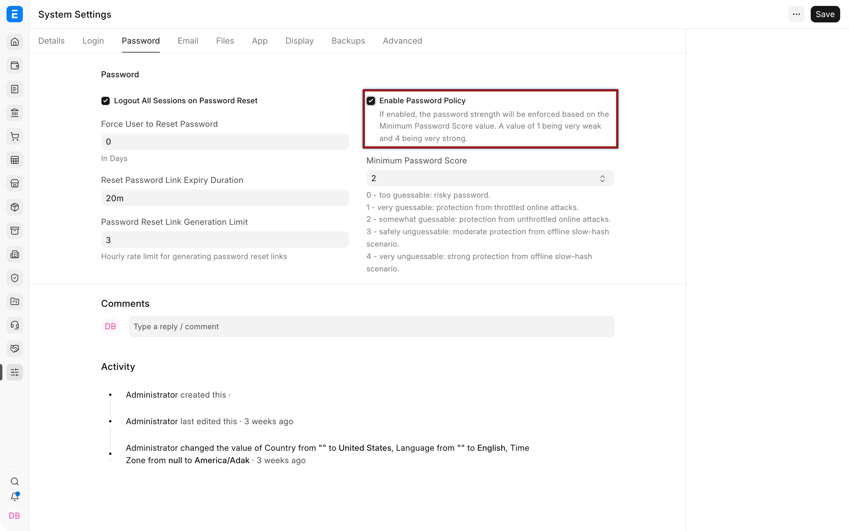 Password policy controls in ERPNext System Settings