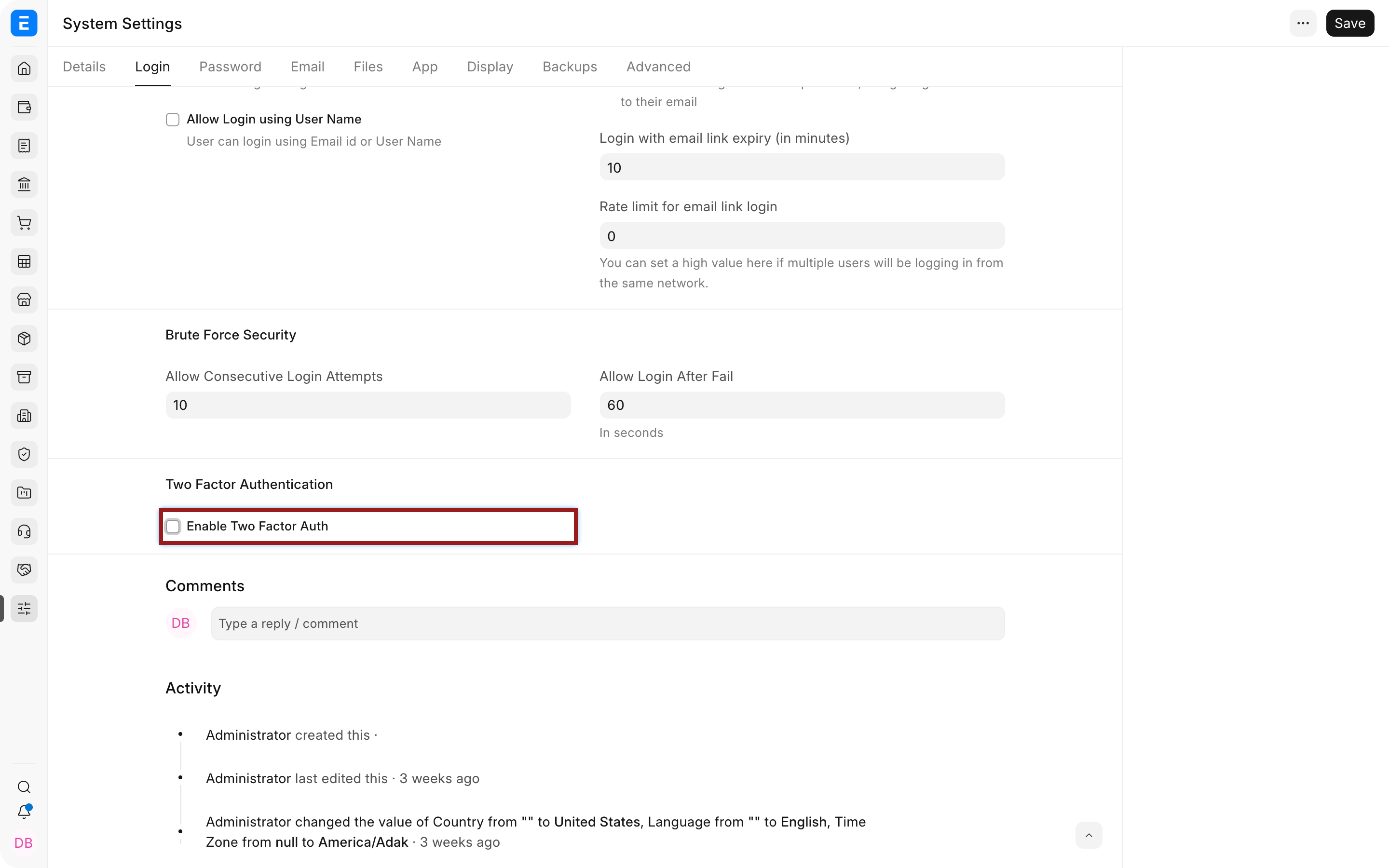 Two-factor authentication controls in ERPNext System Settings