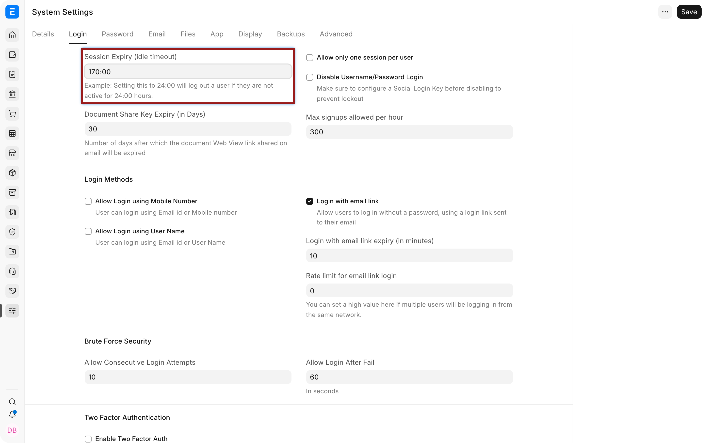 Session expiry and document-share controls in ERPNext System Settings