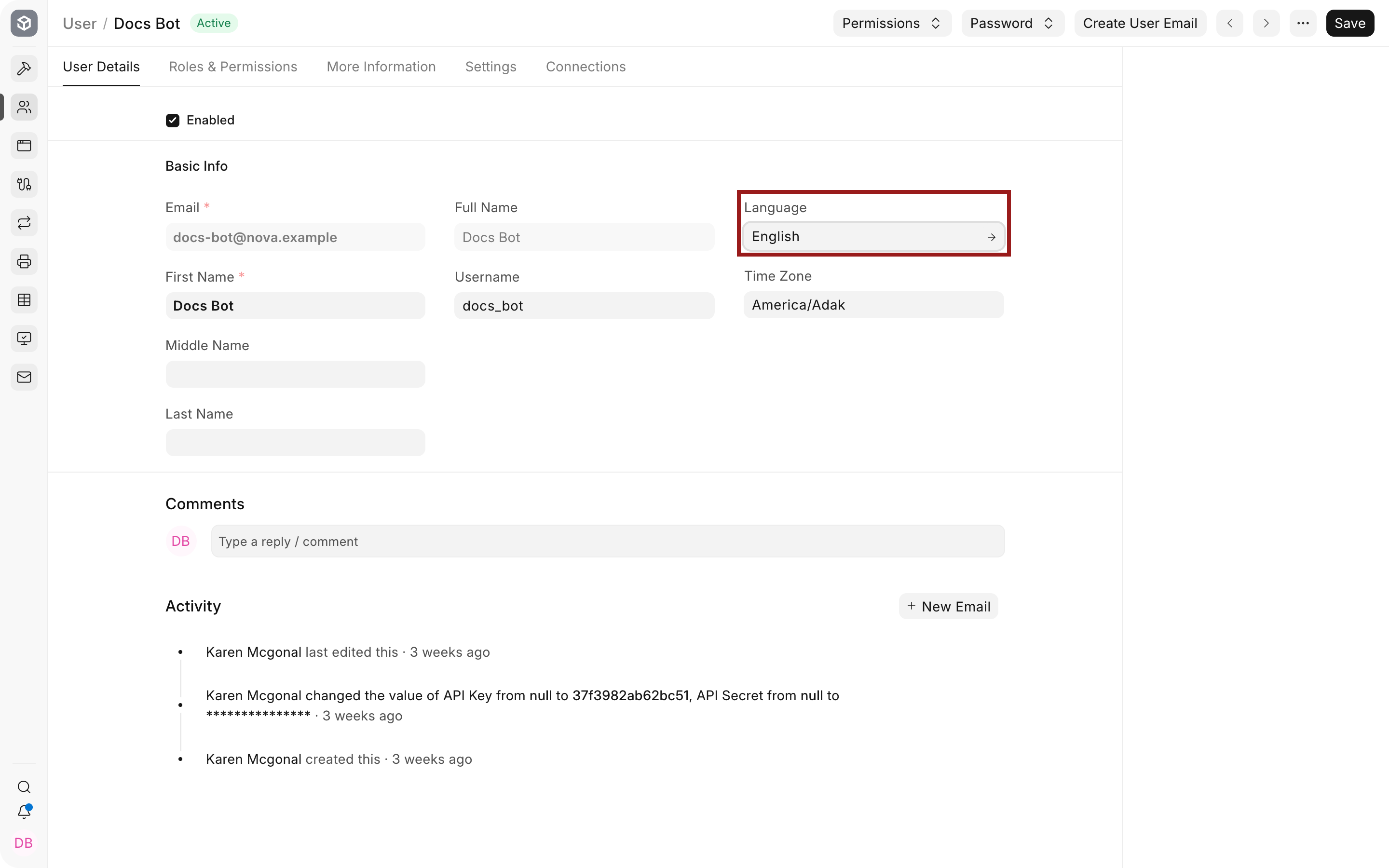 Language field on an ERPNext User record