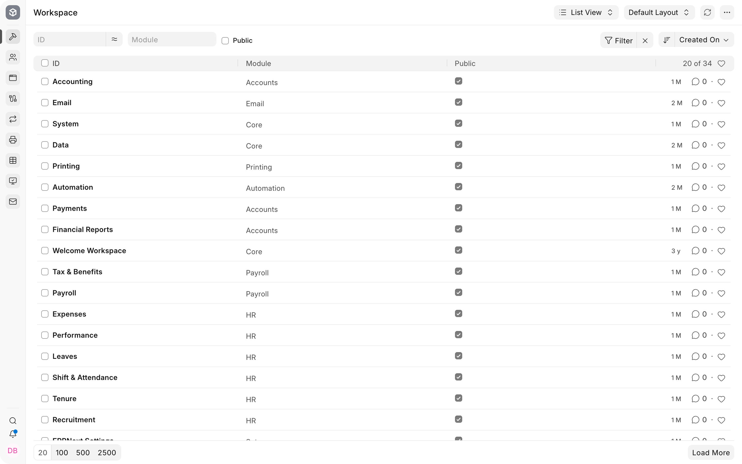 Current ERPNext Workspace list used when reviewing navigation visibility