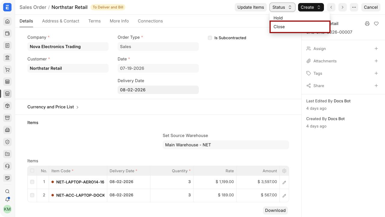 Close a submitted Sales Order from the Status menu