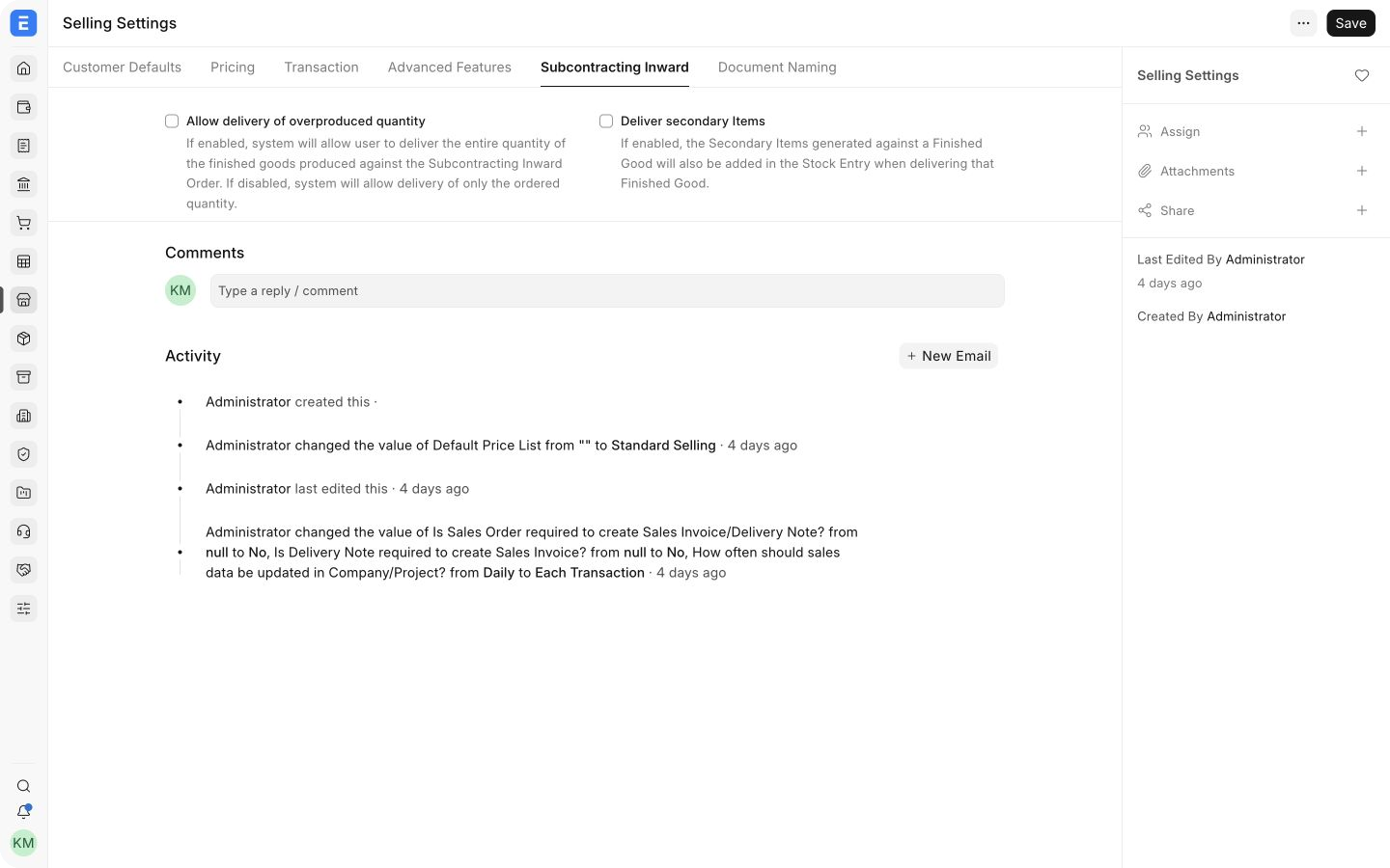 Subcontracting Inward tab in ERPNext Selling Settings
