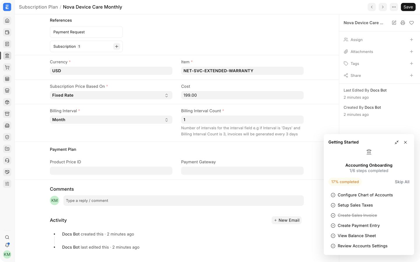 Monthly subscription plan for a service item