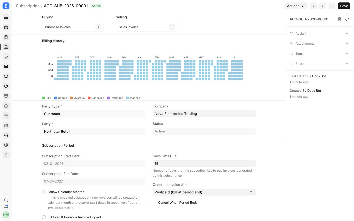 Subscription with customer, term, billing history, and invoice timing