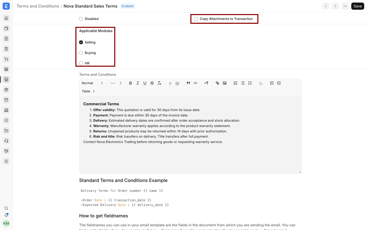 ERPNext Terms and Conditions template with module and attachment controls highlighted