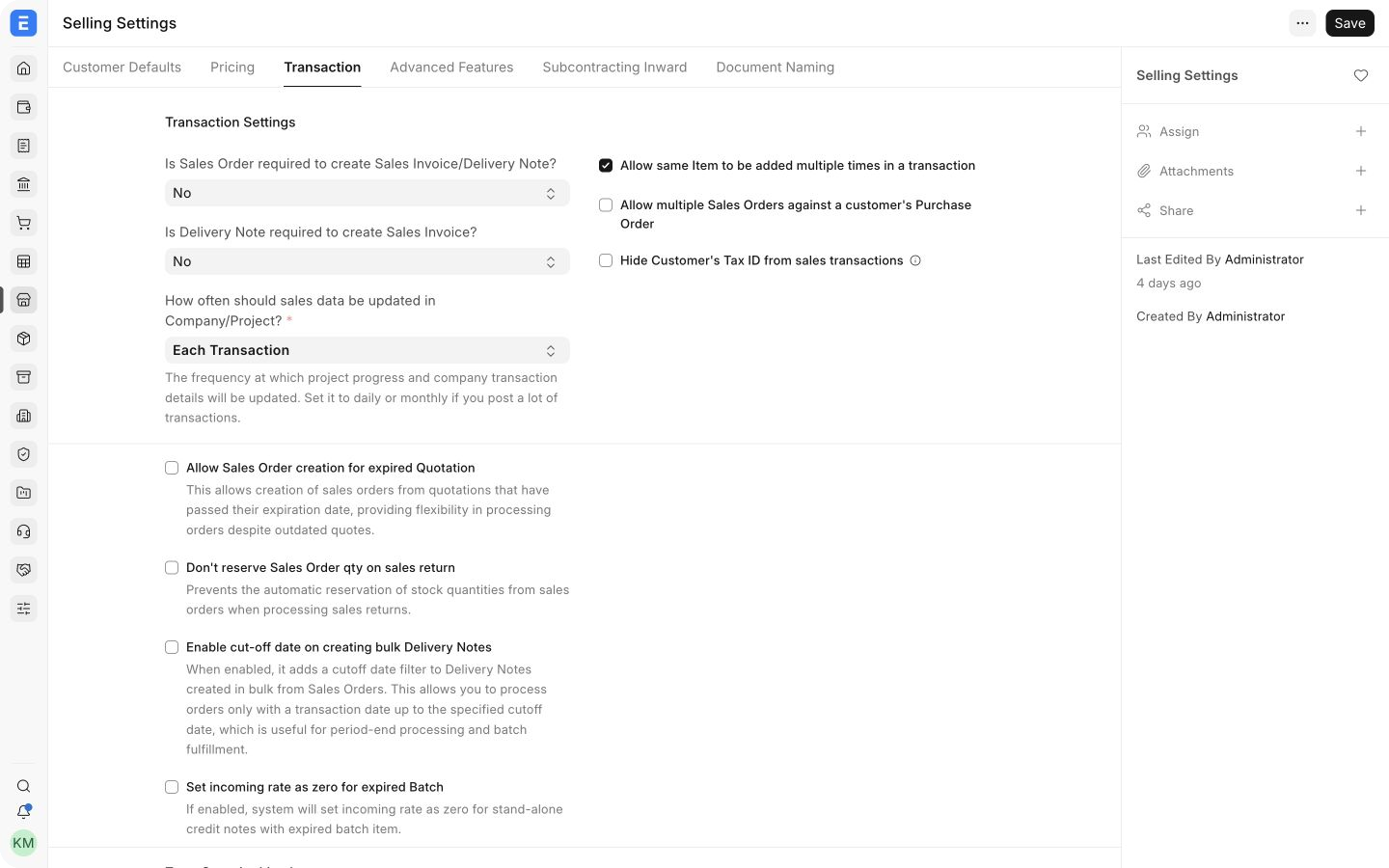 Transaction tab in ERPNext Selling Settings