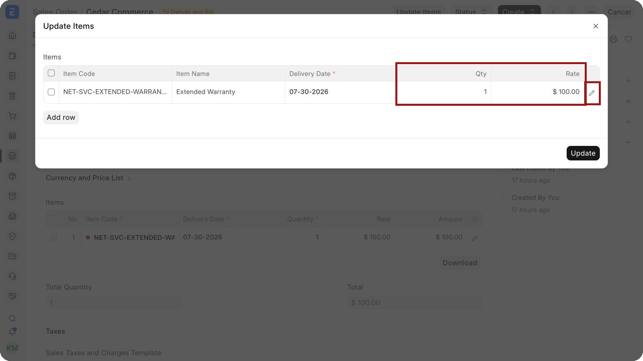 Edit quantity and rate in the Update Items dialog